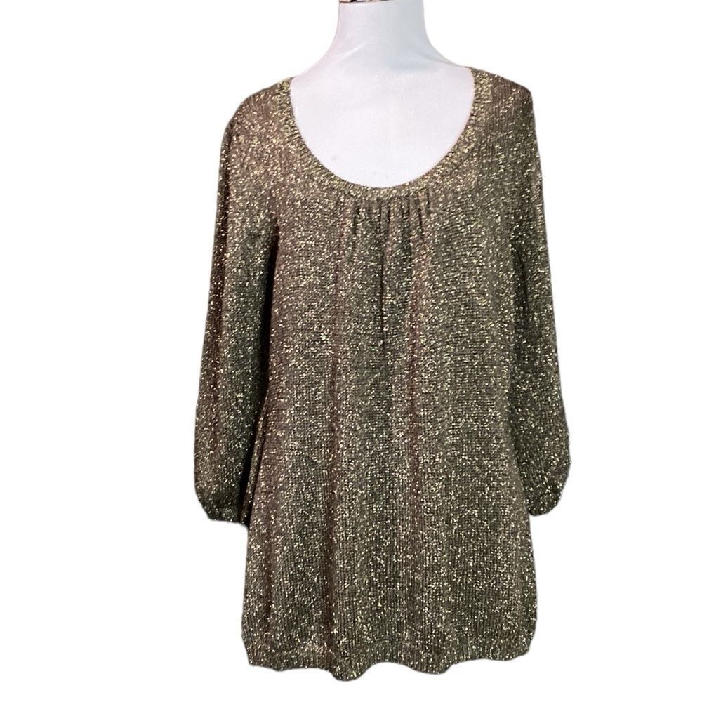 Boden Gold Black Metallic Yarn Stretch Scoop Neck 2/3 Sleeve Pullover Sweater